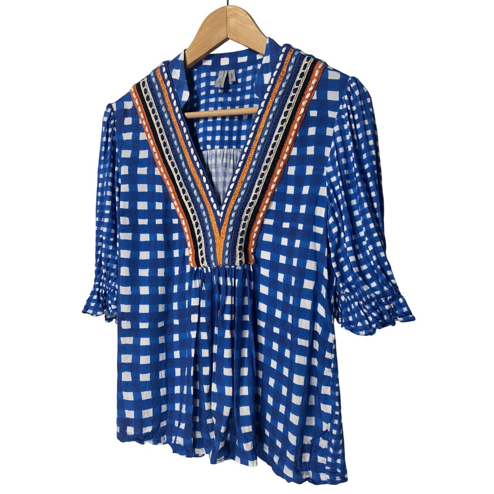 Anthropologie Bl^nk London Blue Gingham Check Embroidered Ruffle Cuff Top Small